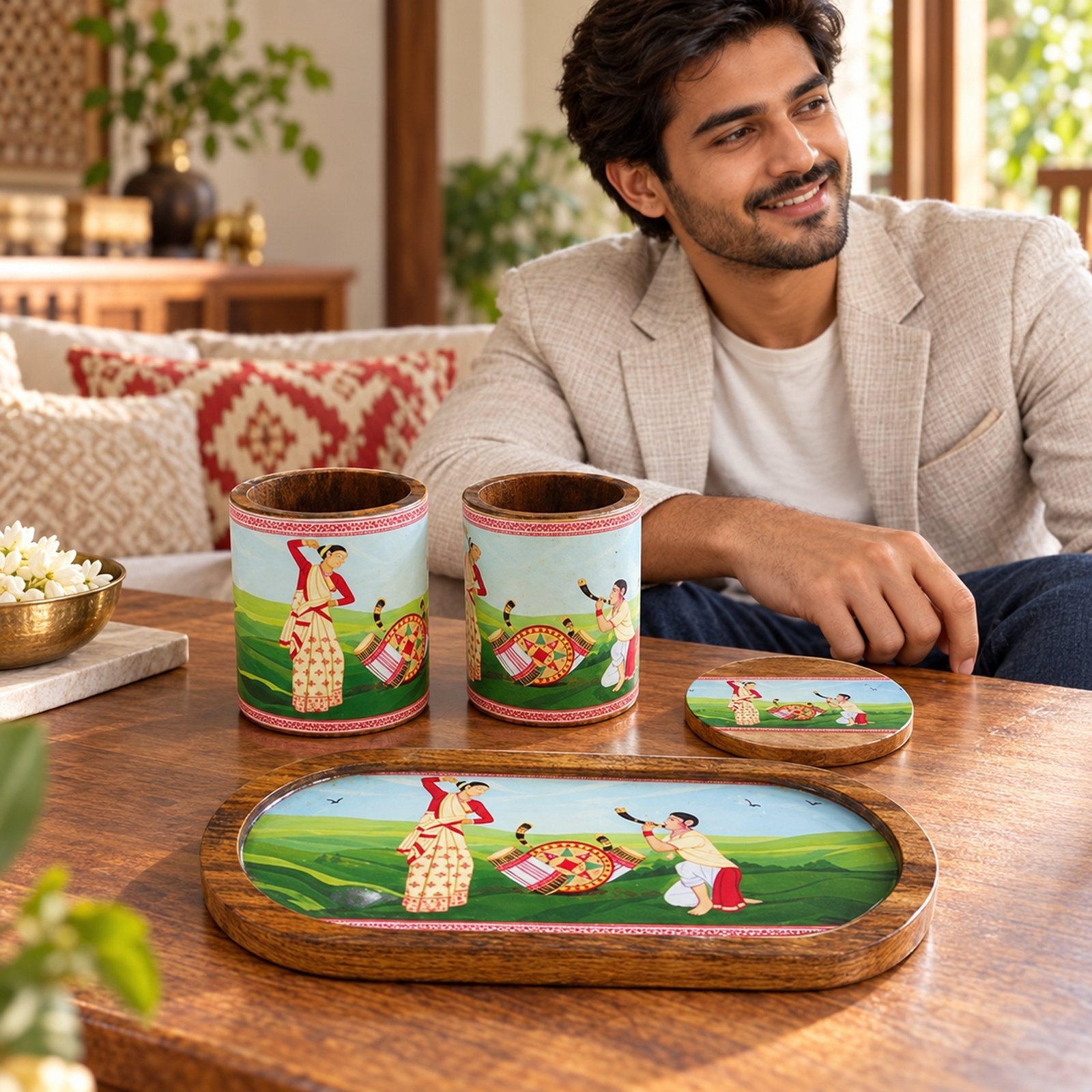 Click to zoom Wooden Printed Tray Glass Coaster Set, shown in use