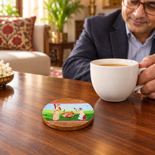 Wooden Printed Coaster, Dark, shown in use
