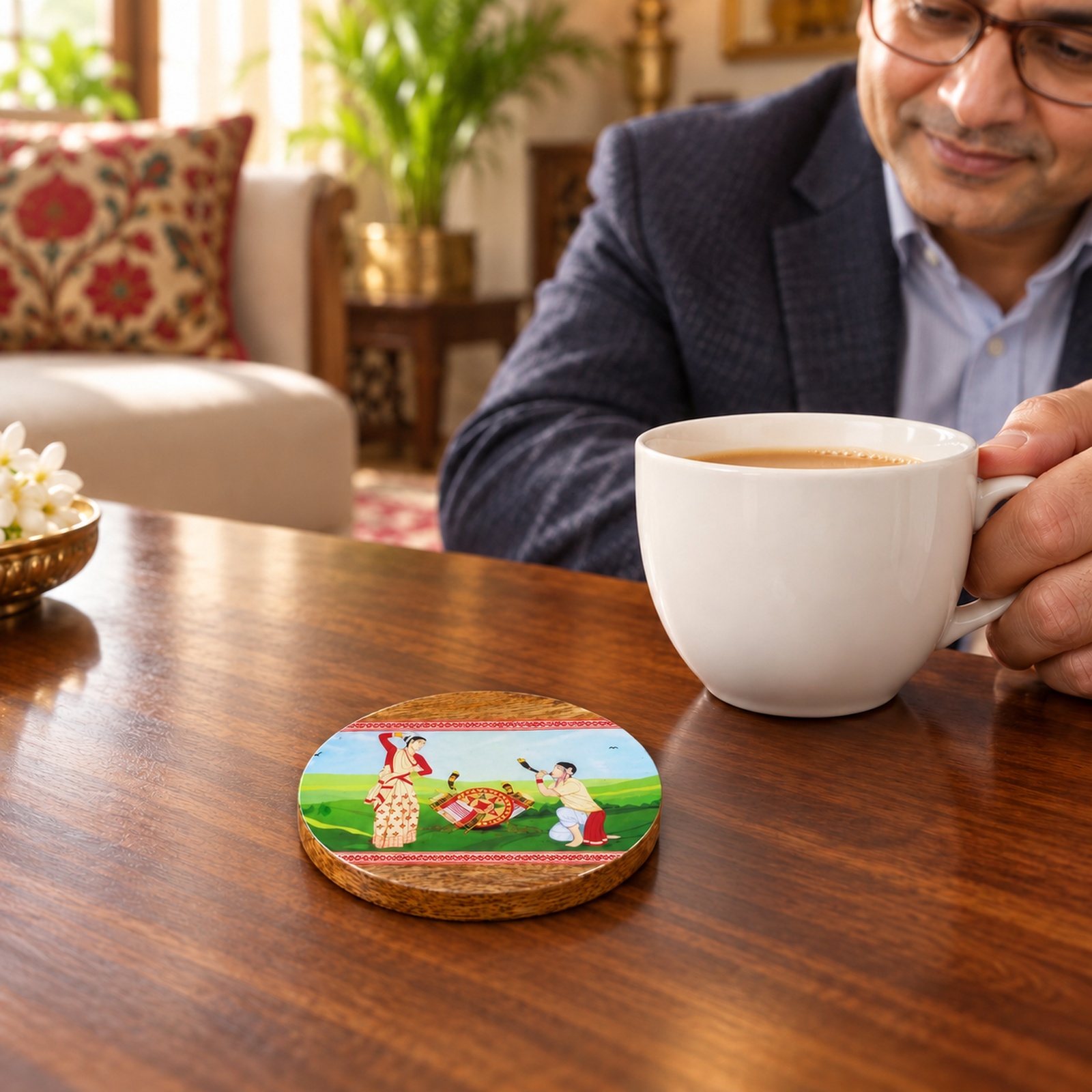 Click to zoom Wooden Printed Coaster, Dark, shown in use