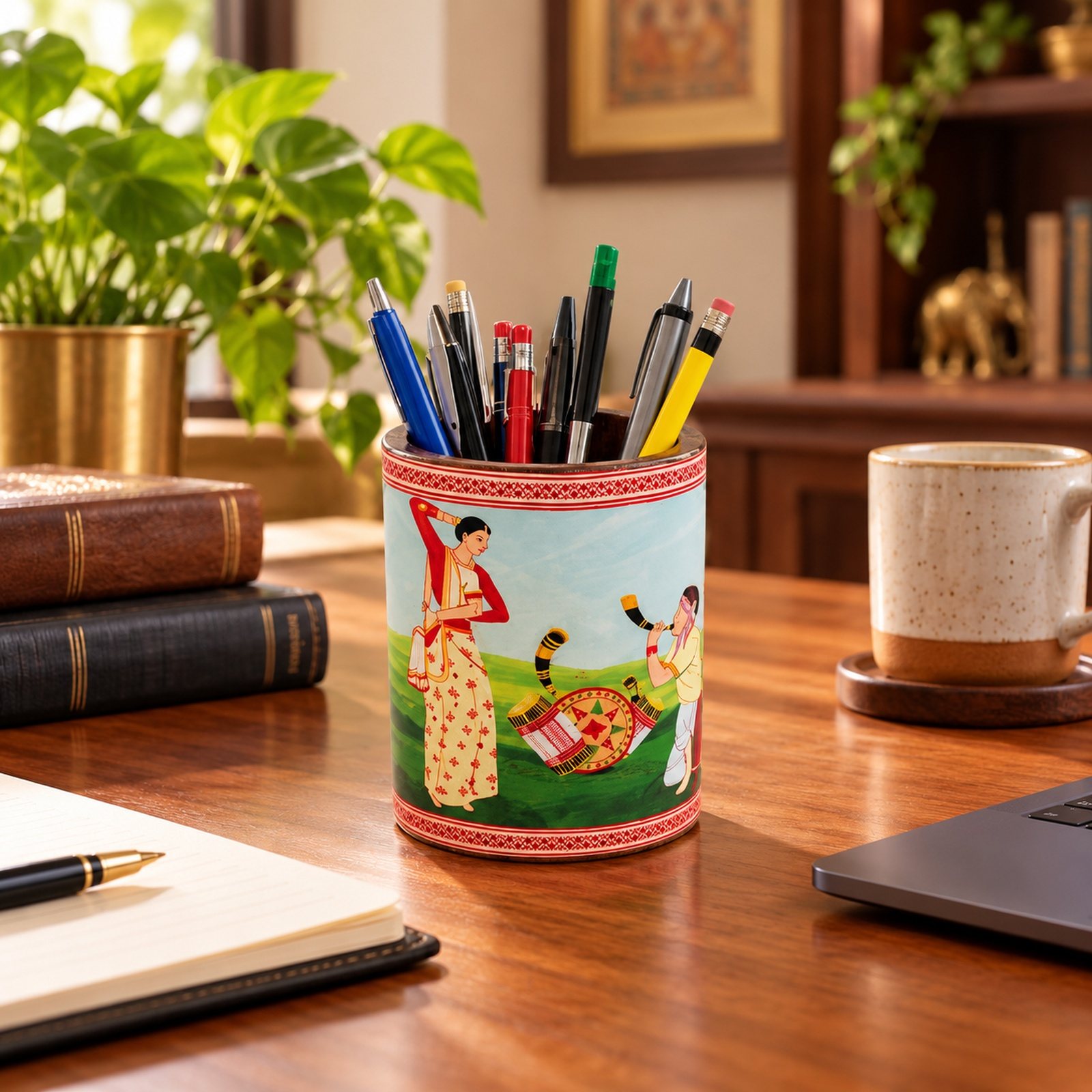 Click to zoom Wooden Printed Pen Stand, shown in use