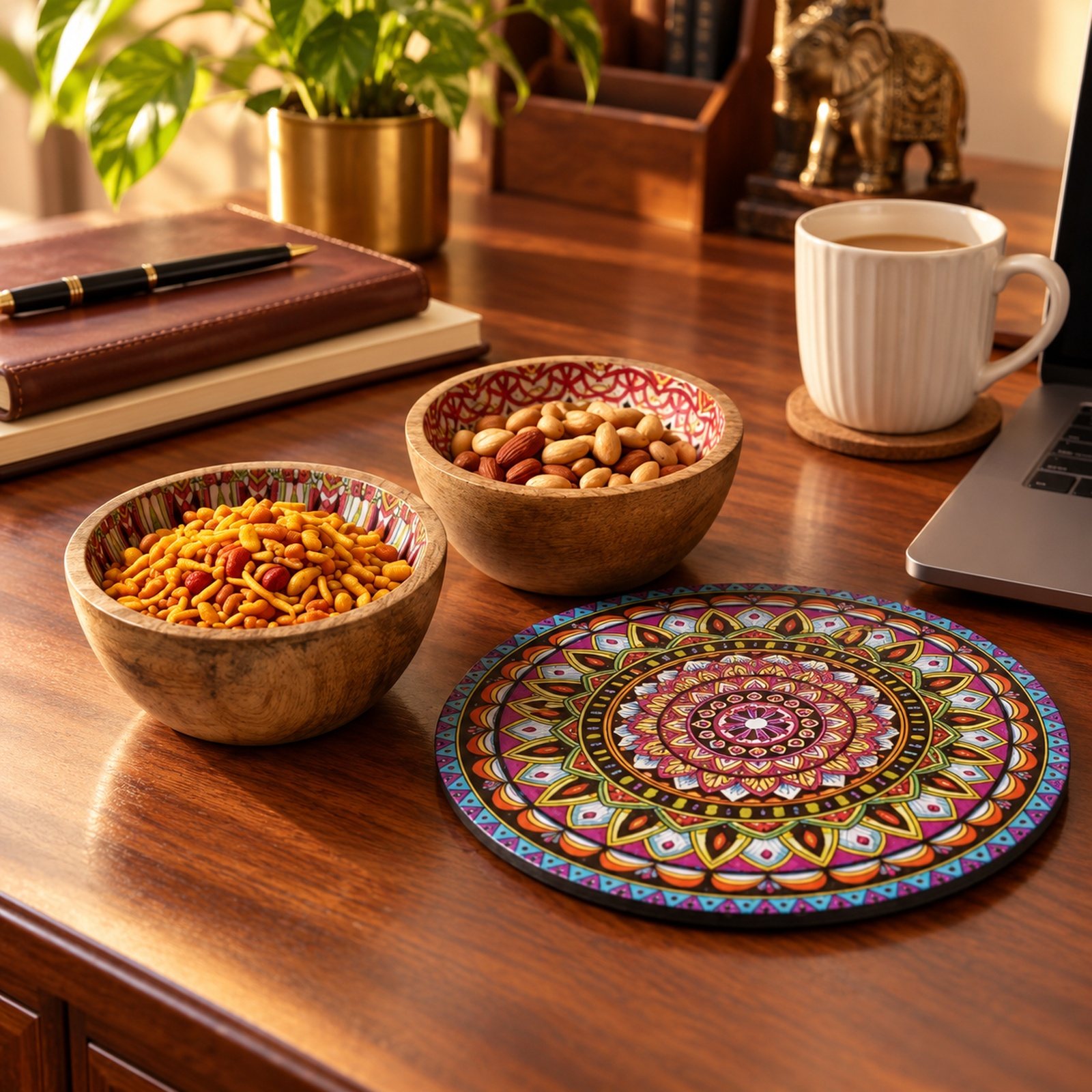 Click to zoom Set of Trivit and 2 Snacks Bowls with Prints of Hand Painted Mandalas By A Special Child, shown in use