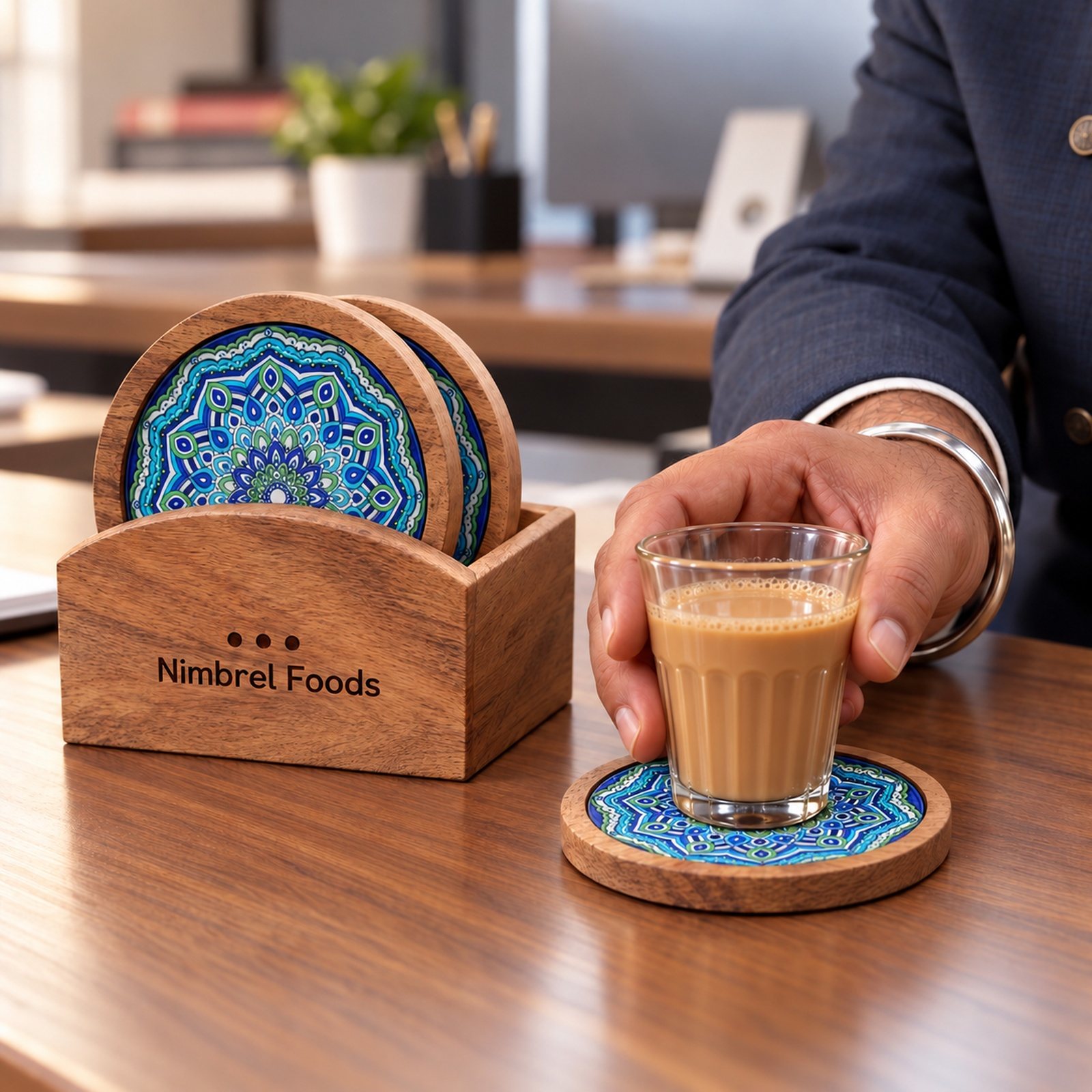 Acacia Caddy with 4 Piece Artistic Coaster, shown in use