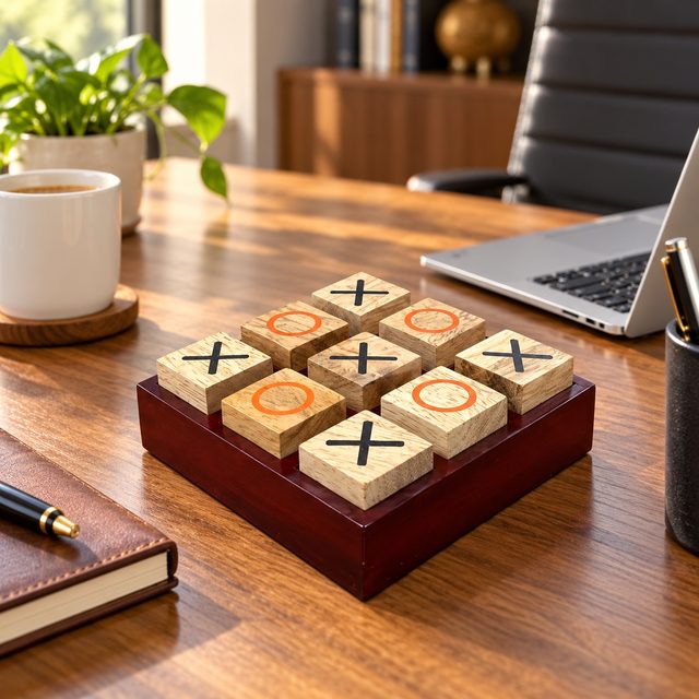 Tic Tac Tow with Mango Wood and Polished MDF Base, shown in use