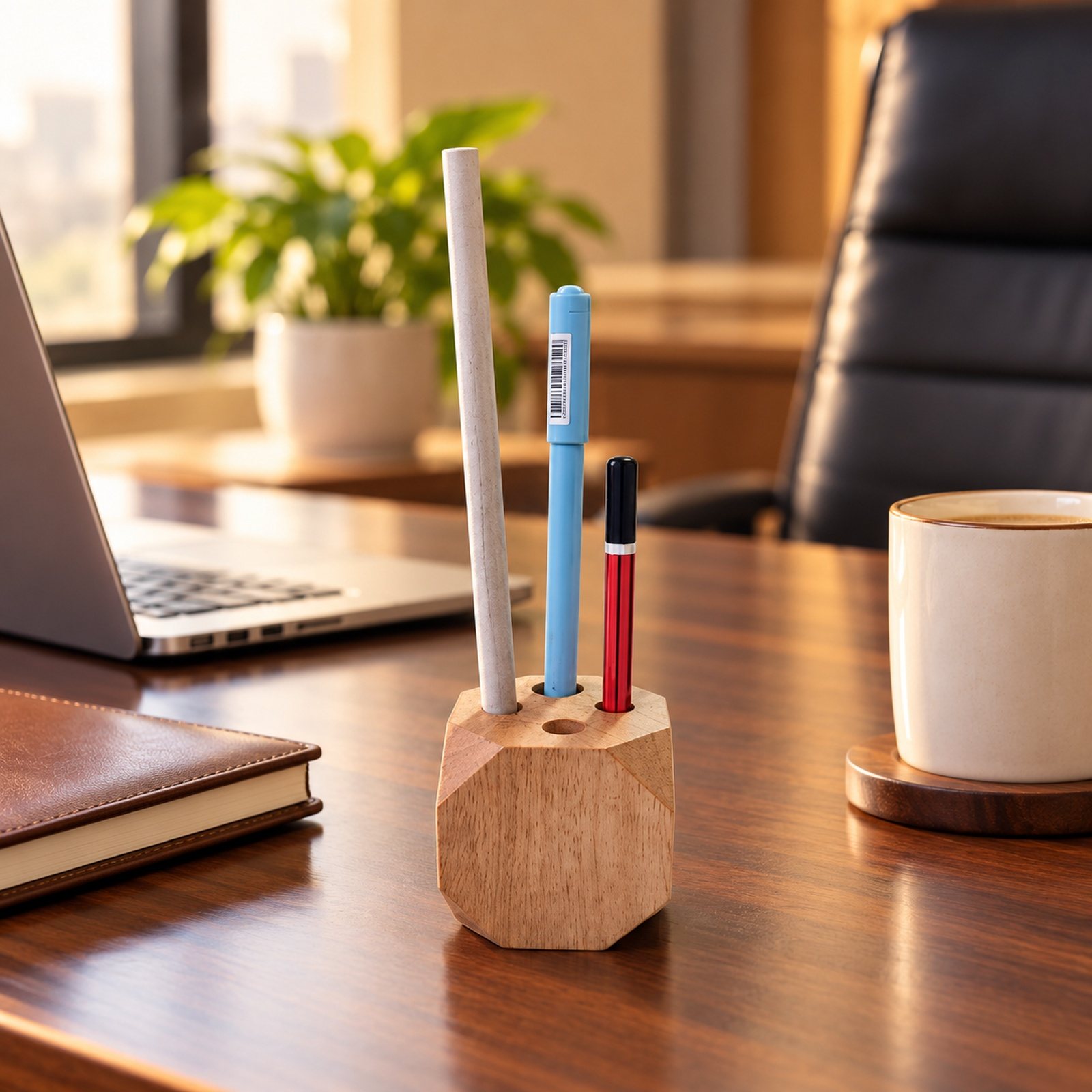Wooden Paperweight Cum Pen Stand, Faceted, shown in use