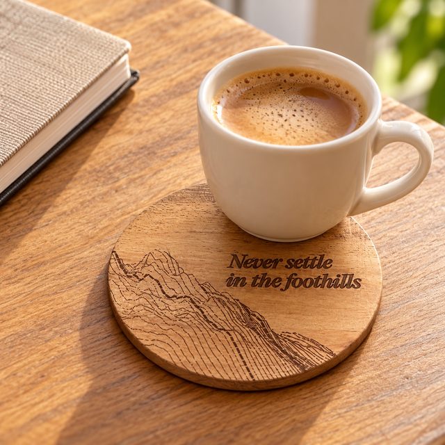 Acacia Wood Coaster with Engaving Acacia Wooden, shown in use