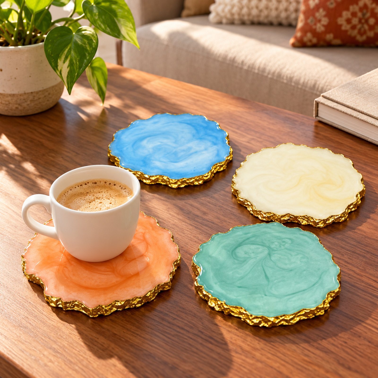 Unshaven Resin Coasters with Gold Lining in Asst 4 Colors, shown in use