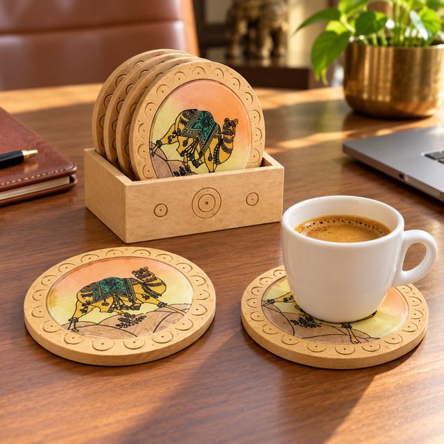 MDF Coaster Set of 6 Pcs with Caddy, Rounded, shown in use