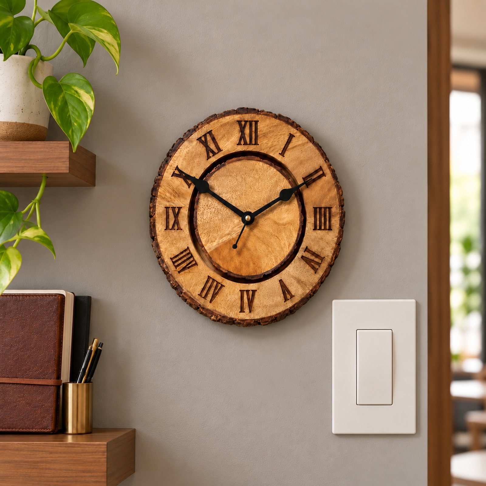 Click to zoom Natural Wood Wall Clock, Design 2, shown in use