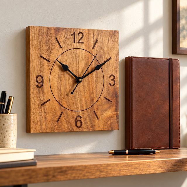 Natural Wood Wall Clock, Design 3, shown in use