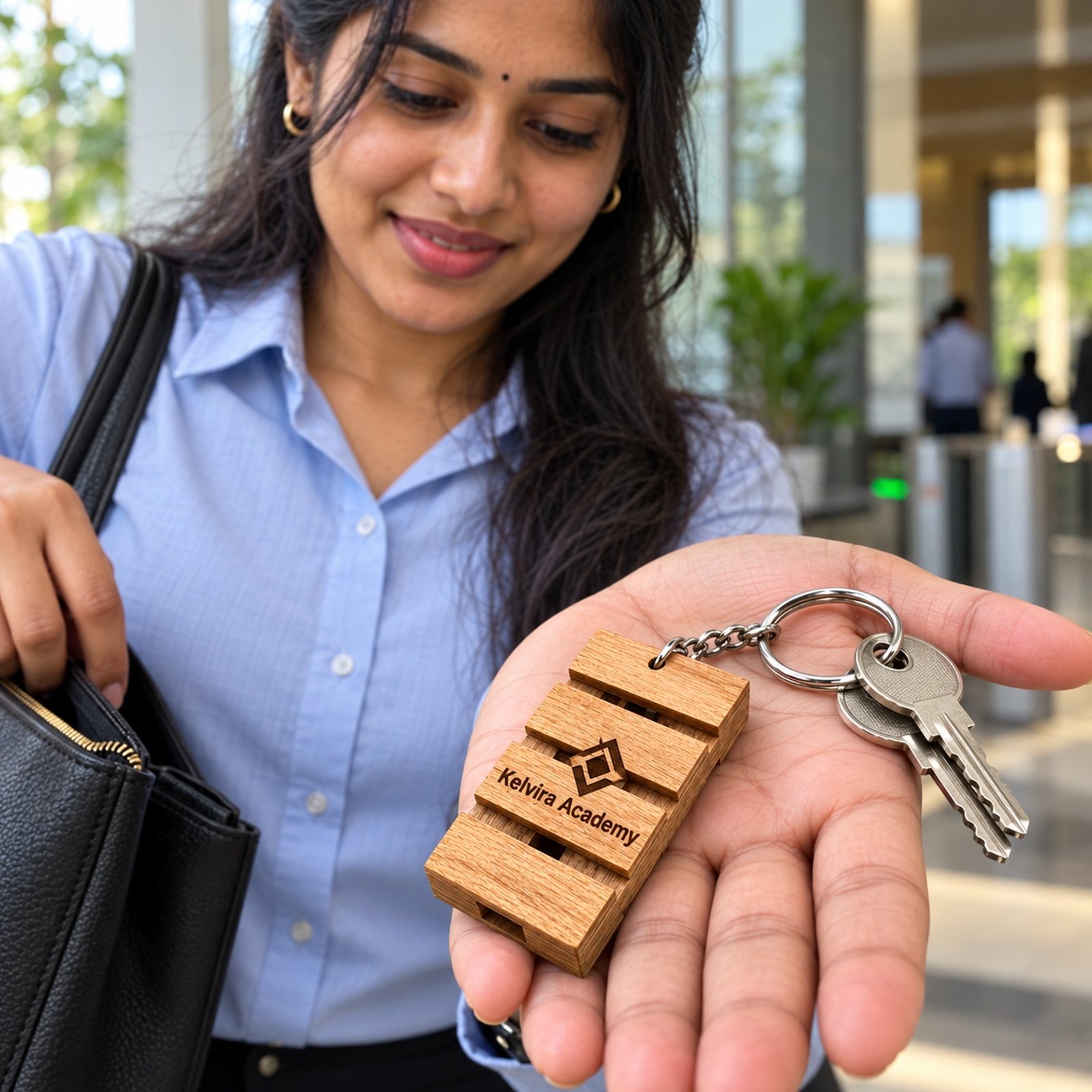 Plywood Keychain, shown in use