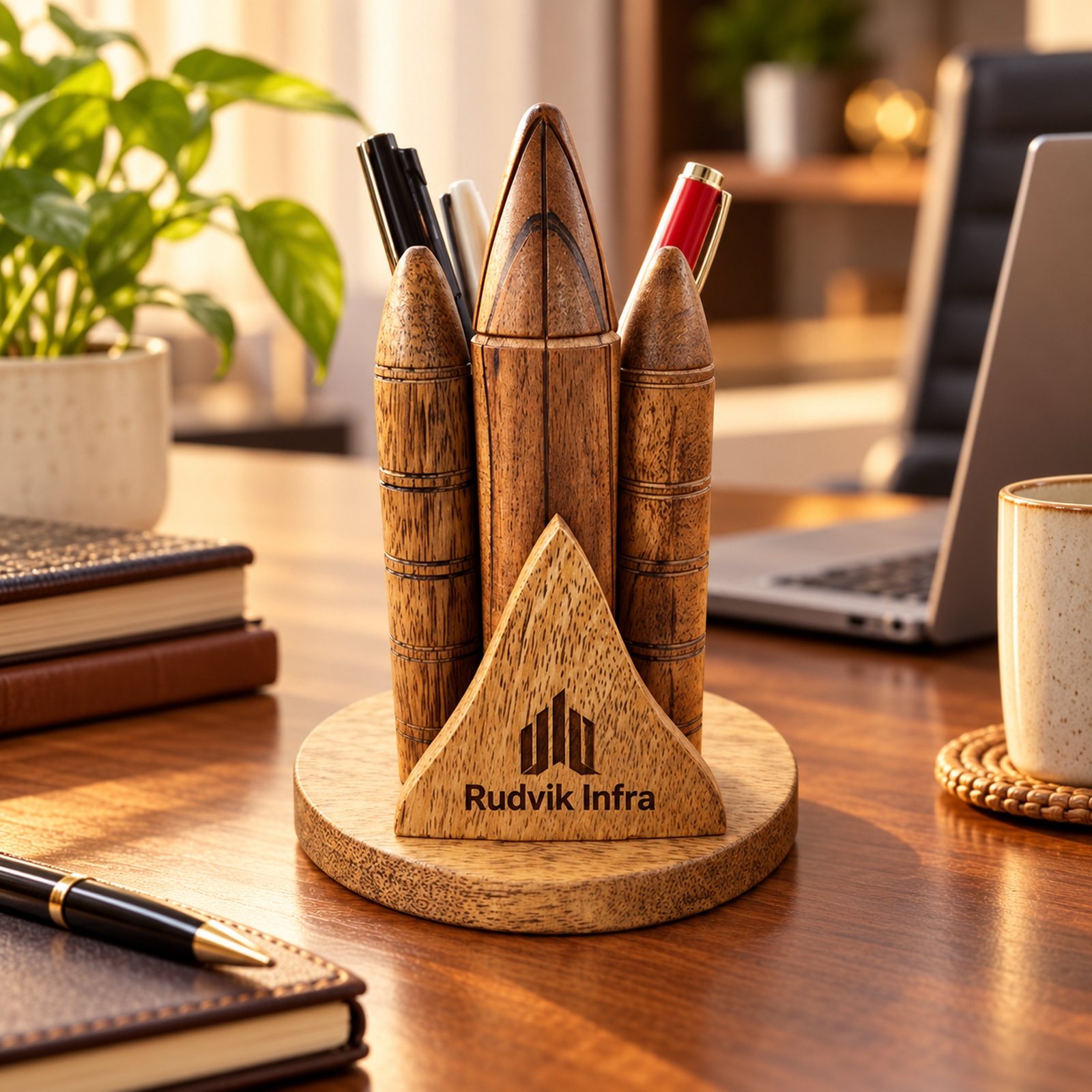 Click to zoom Mango Wood Pen Stand, Triangular, shown in use