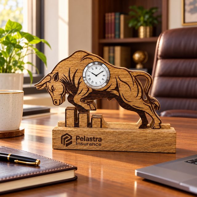 Wooden Table Top Clock Bull, shown in use