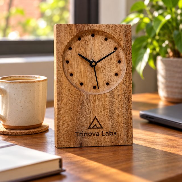 Wooden Table Top Clock, Design 2, shown in use
