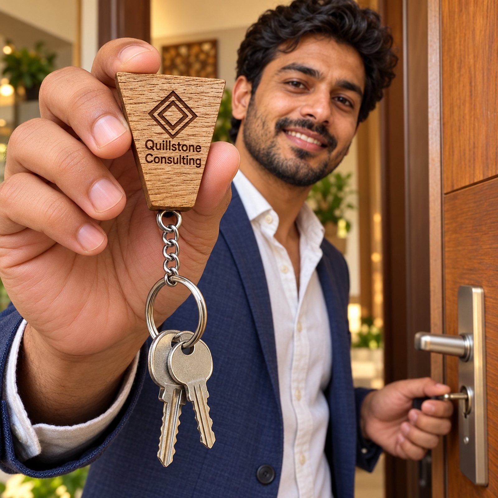 Click to zoom Wooden Keychain with Engraving, shown in use