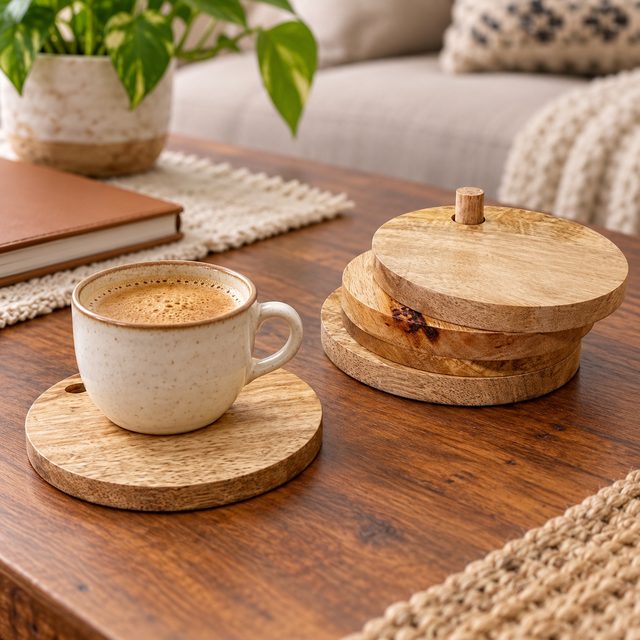 Wooden Coaster Set of 4 Pcs with Holder, shown in use