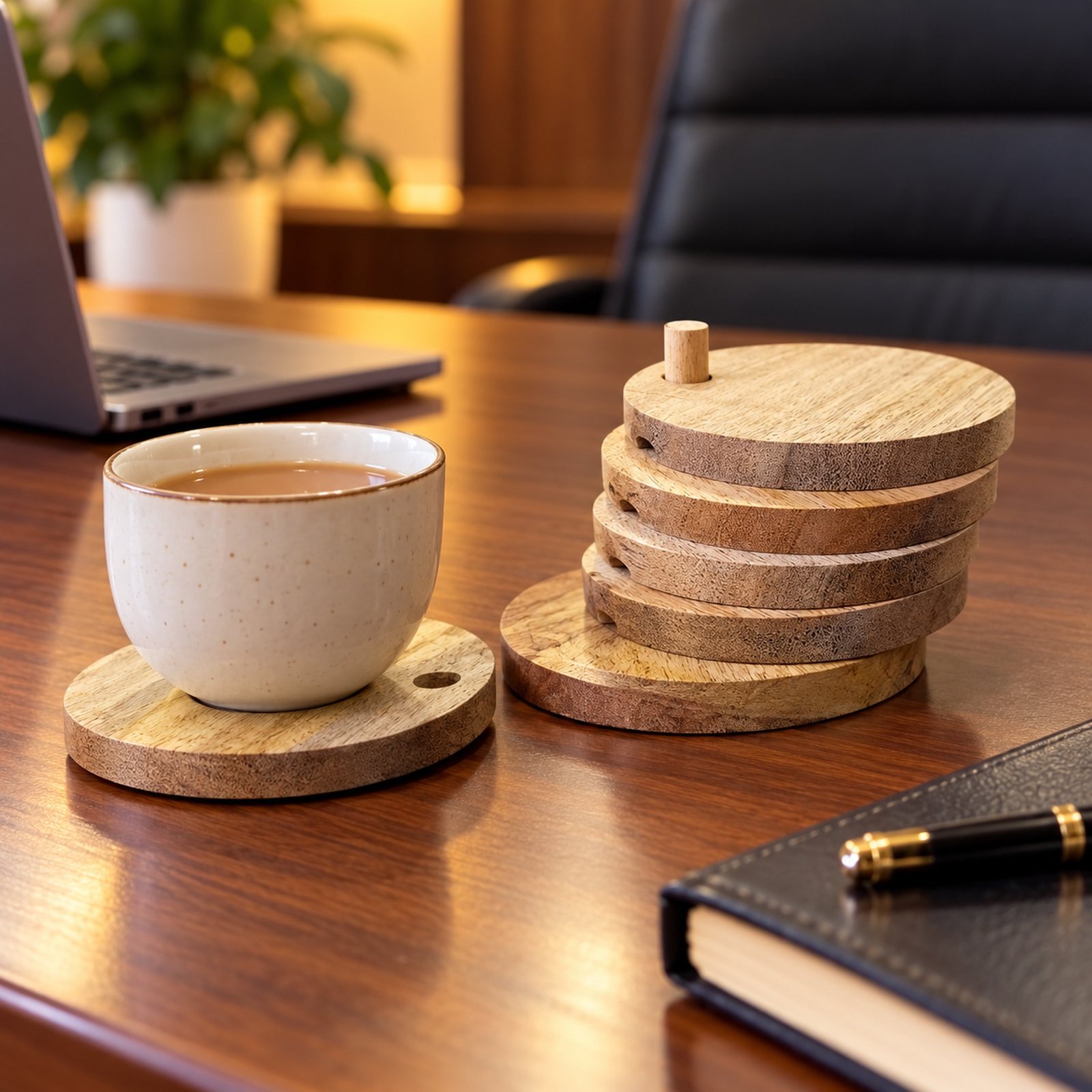 Wooden Coaster Set of 6 Pcs with Holder, Octagonal, shown in use