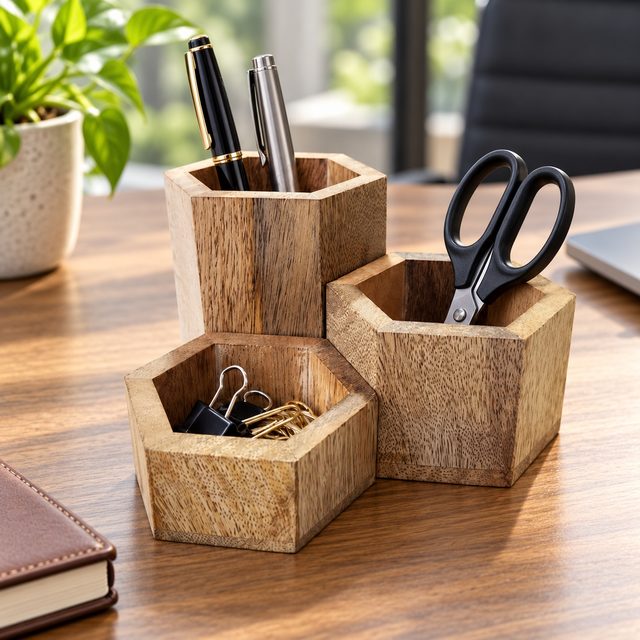 Wooden 3 Part Pen Stand Cum Organizer, shown in use