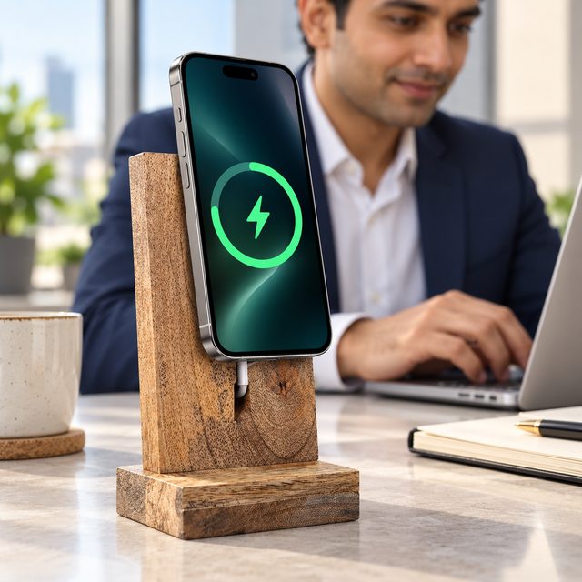 Wooden Mobile Stand with Charger, shown in use