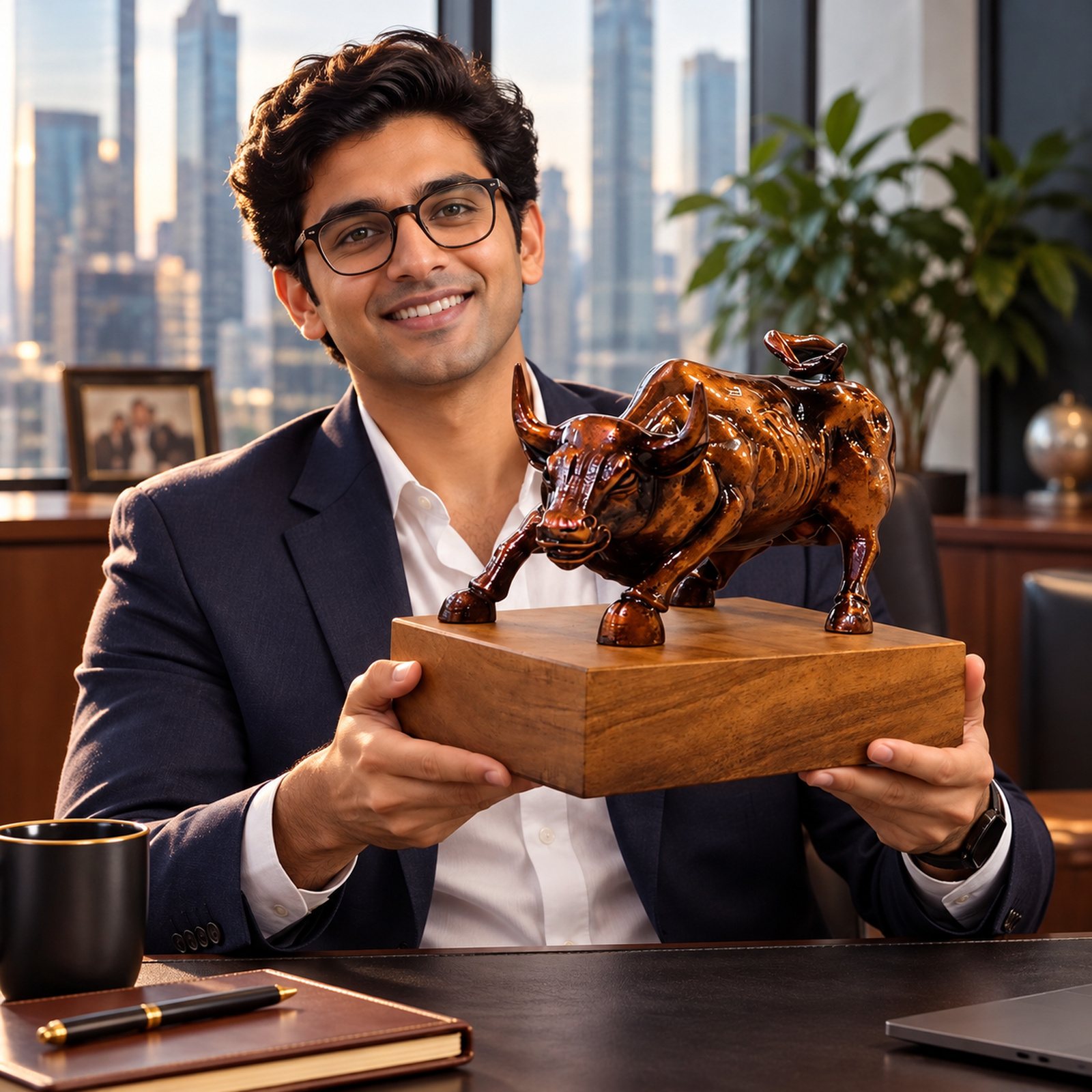 Click to zoom Raging Bull Trophy on Wooden Base, customised with a company logo