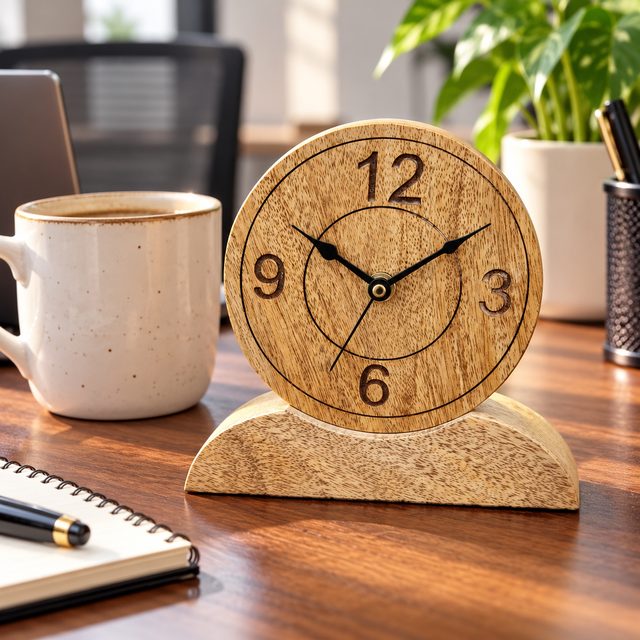 Wooden Table Top Clock, Design 4, shown in use
