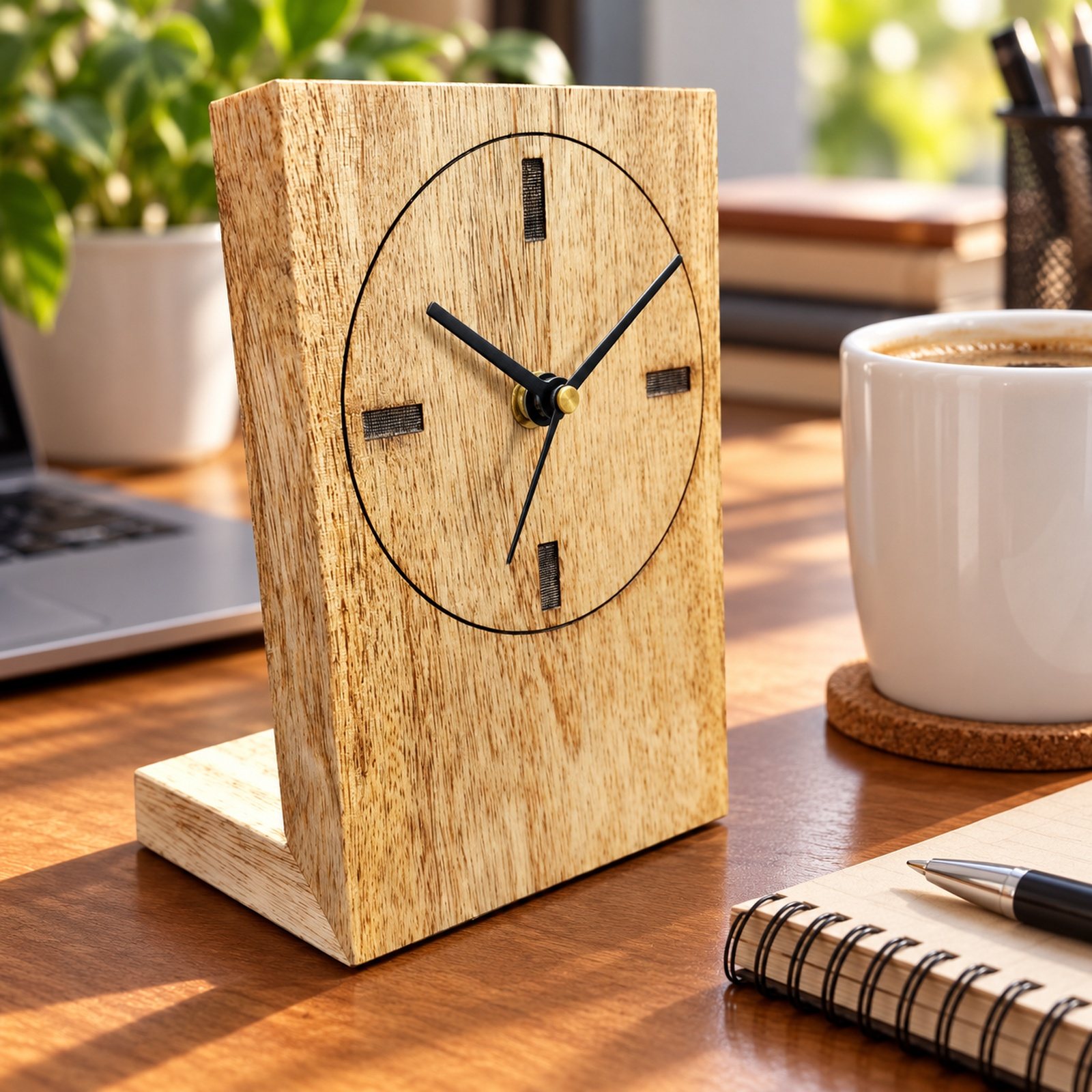 Click to zoom Wooden Table Top Clock, Design 5, shown in use