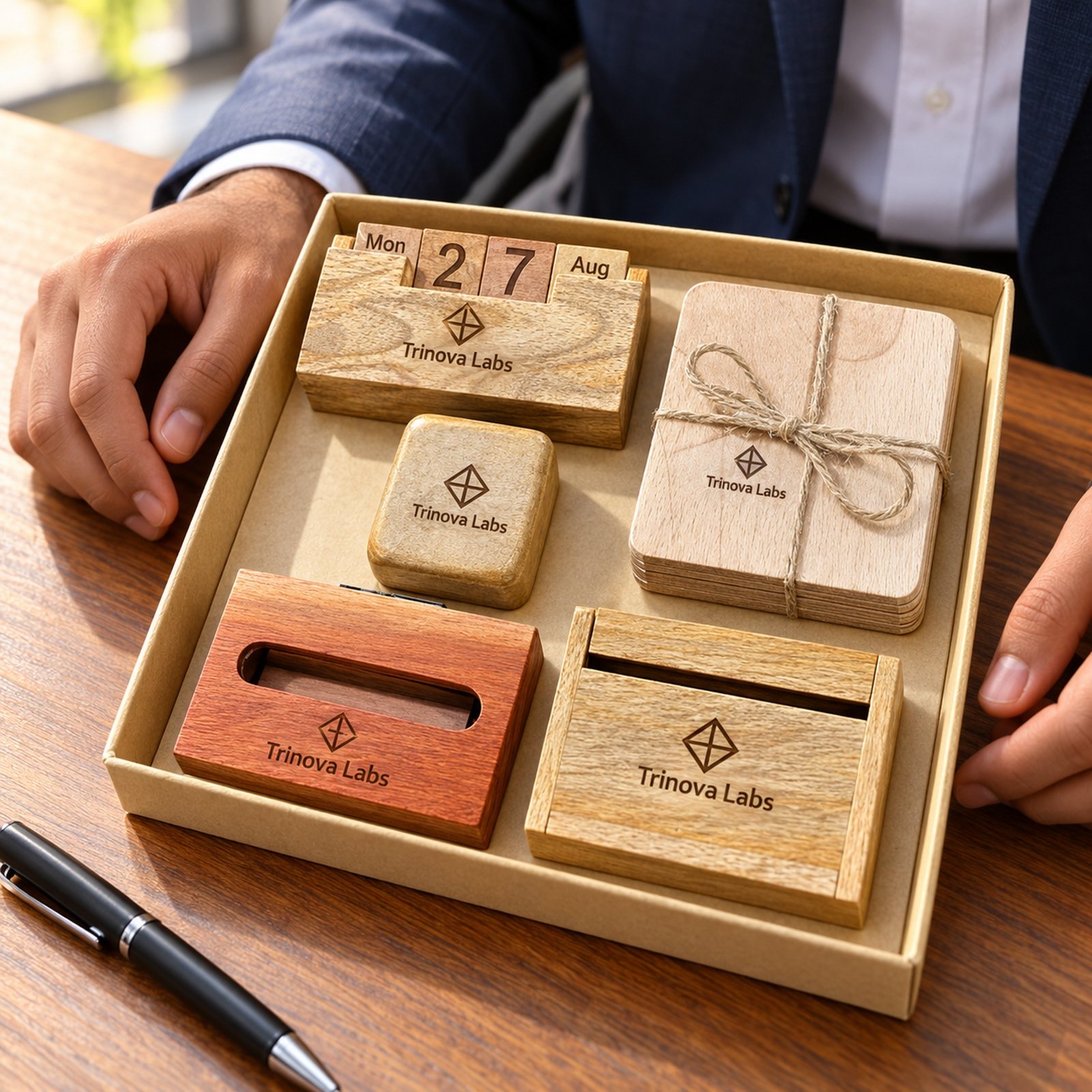 Click to zoom Combo Including Sound Opener, Card Holder, Paperweight, Coaster and Perpetual Calendar, shown in use