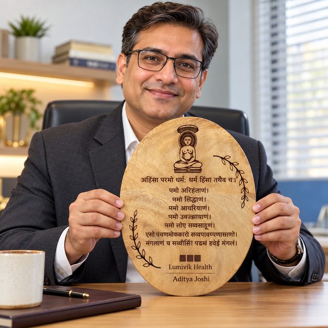 Jain Namokar Mantra Oval Shield, Wall or Tabletop, shown in use