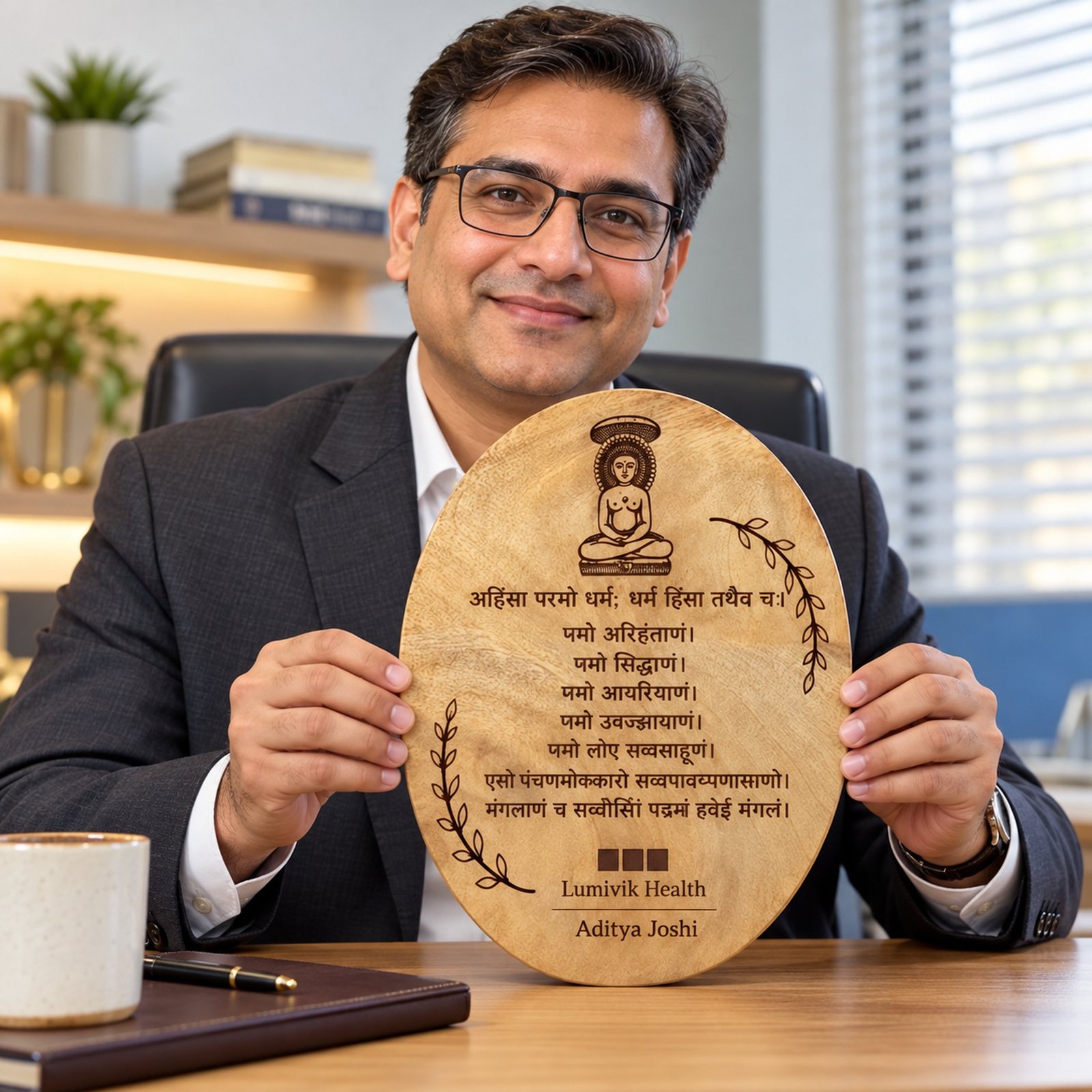 Jain Namokar Mantra Oval Shield, Wall or Tabletop, shown in use