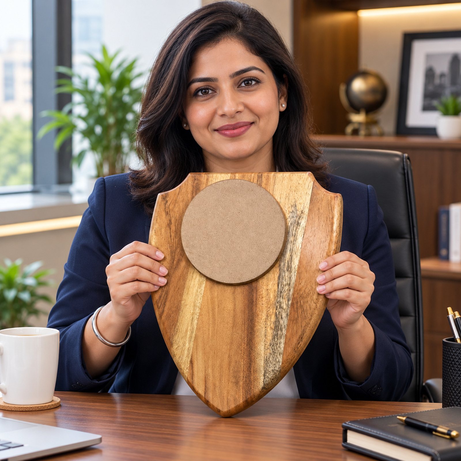 Click to zoom Wooden Shield with Circular Panel, customised with a company logo