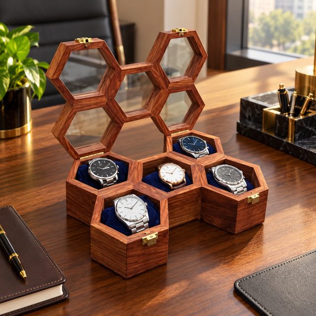 Wooden Watch Holder - 5 Watches, shown in use