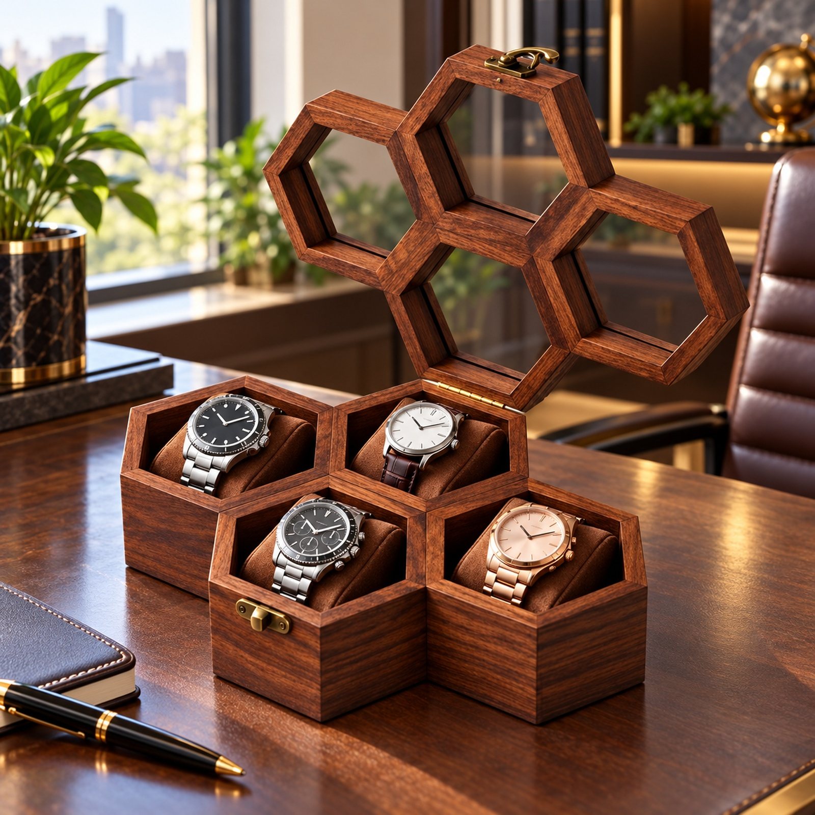 Click to zoom Wooden Watch Holder - 4 Watches, shown in use