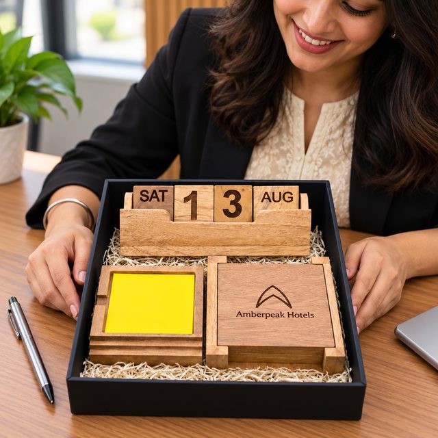 Hamper Box of Wooden Calendar , Coaster Set & Pen Holder/writing Pad Combo, shown in use