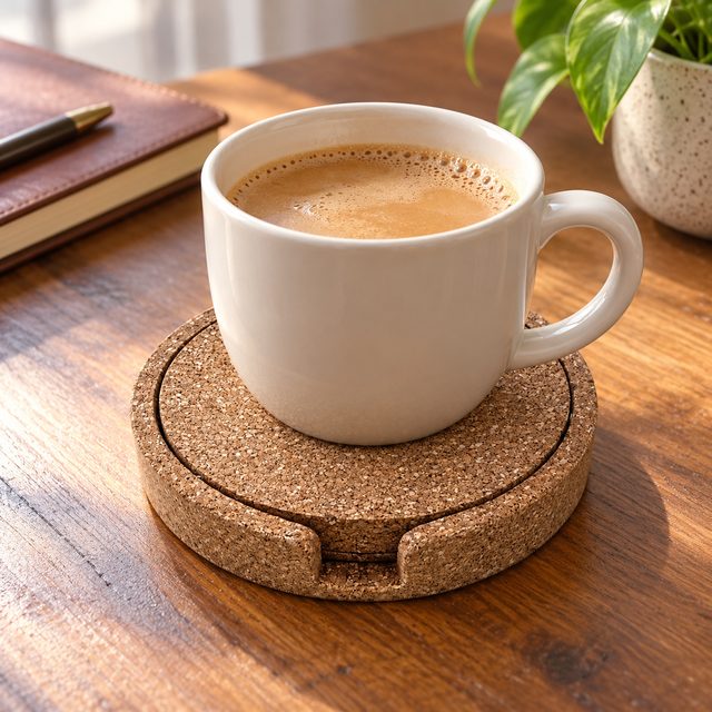 Cork Coaster, shown in use