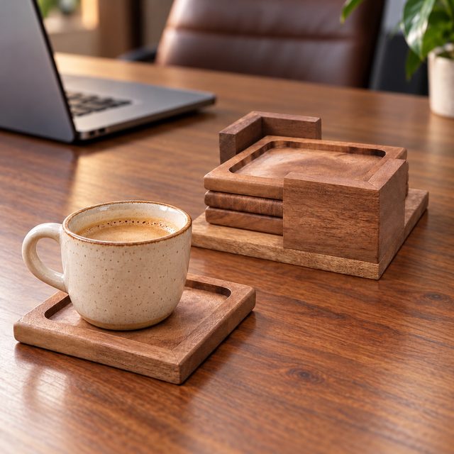 Acacia Wood Coaster Set of 4 Pcs with Caddy, Square, shown in use