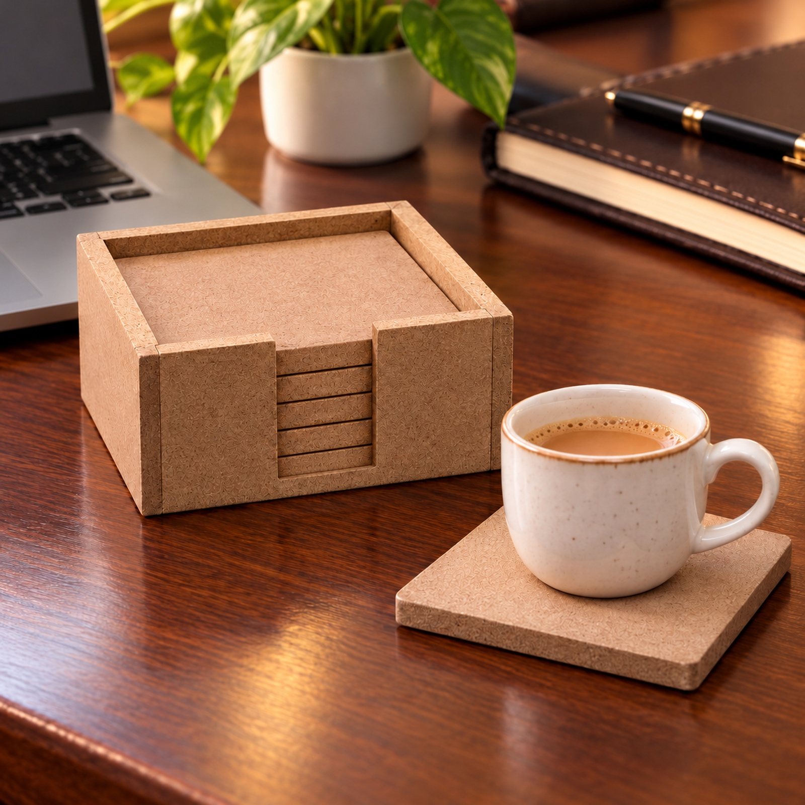 MDF Coaster Set of 6 Pcs with Caddy, Light, shown in use