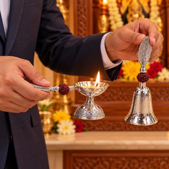 Handcrafted Aluminium Pooja Item Set of 2 Pcs - Diya & Bell, shown in use