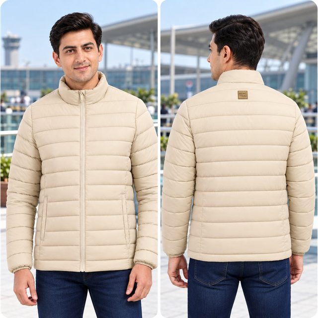 Man wearing United Colors of Benetton Bomber Full Sleeve Jacket in Beige, dealer meet gift
