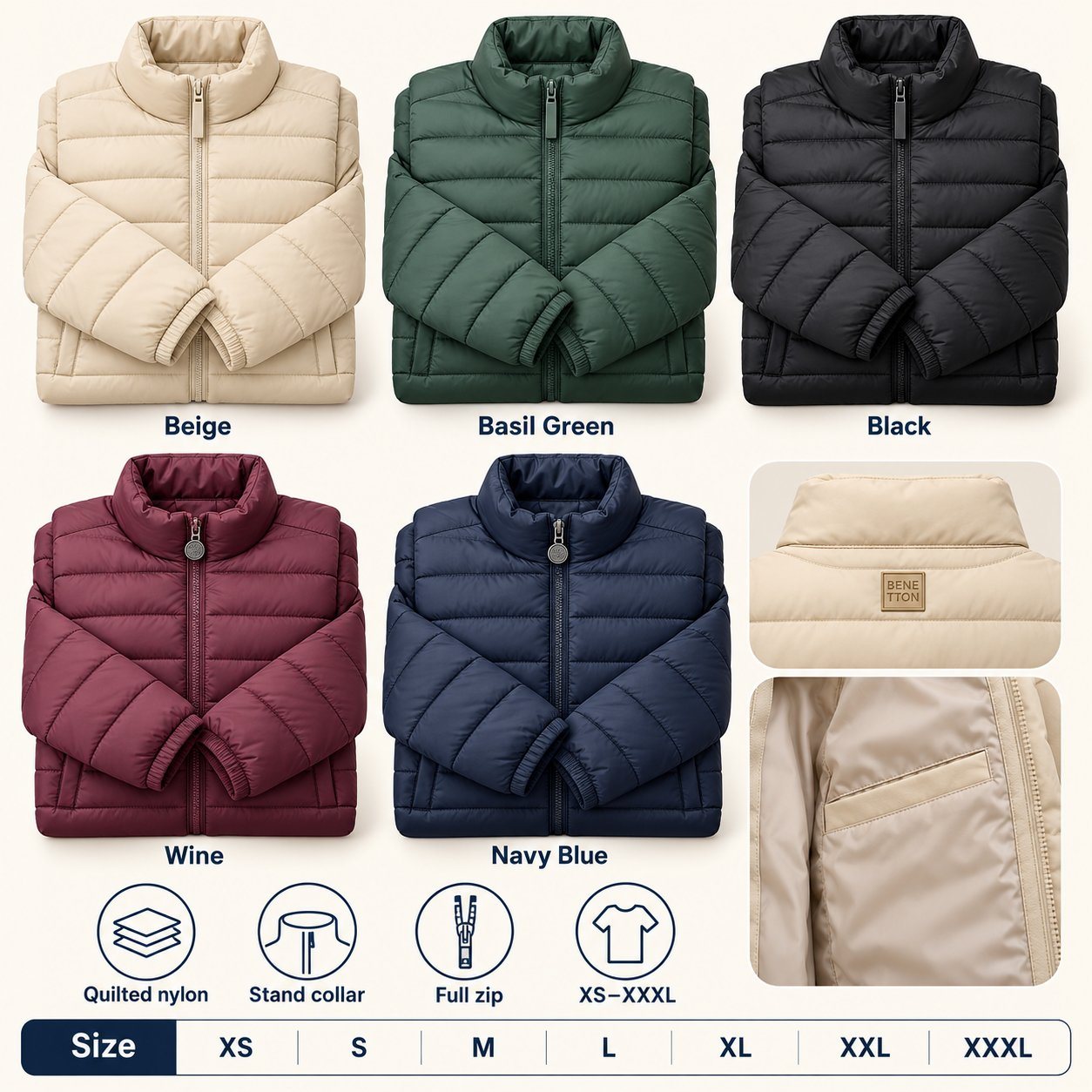 Click to zoom United Colors of Benetton Bomber Full Sleeve Jacket in all 5 colours, Quilted nylon upper, for festive gifting