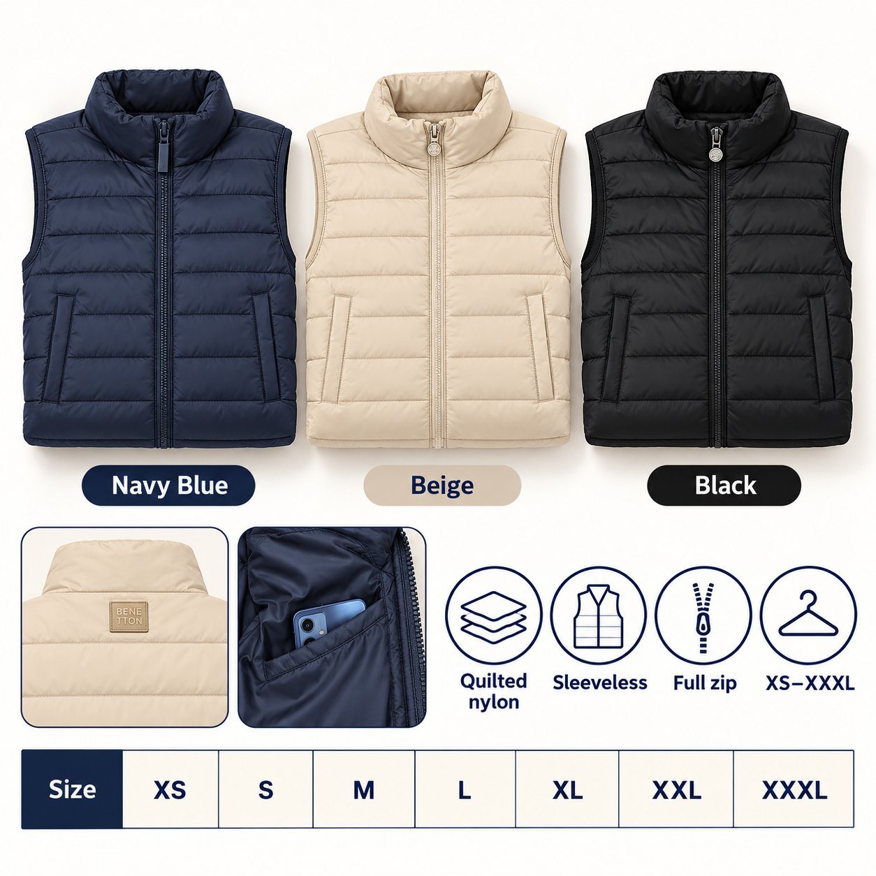 Click to zoom United Colors of Benetton Bomber Sleeveless Jacket in all 3 colours, Quilted nylon upper, for employee onboarding kit