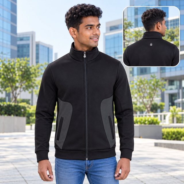 Man wearing United Colors of Benetton Bonded Fleece Jacket in Black, dealer meet gift