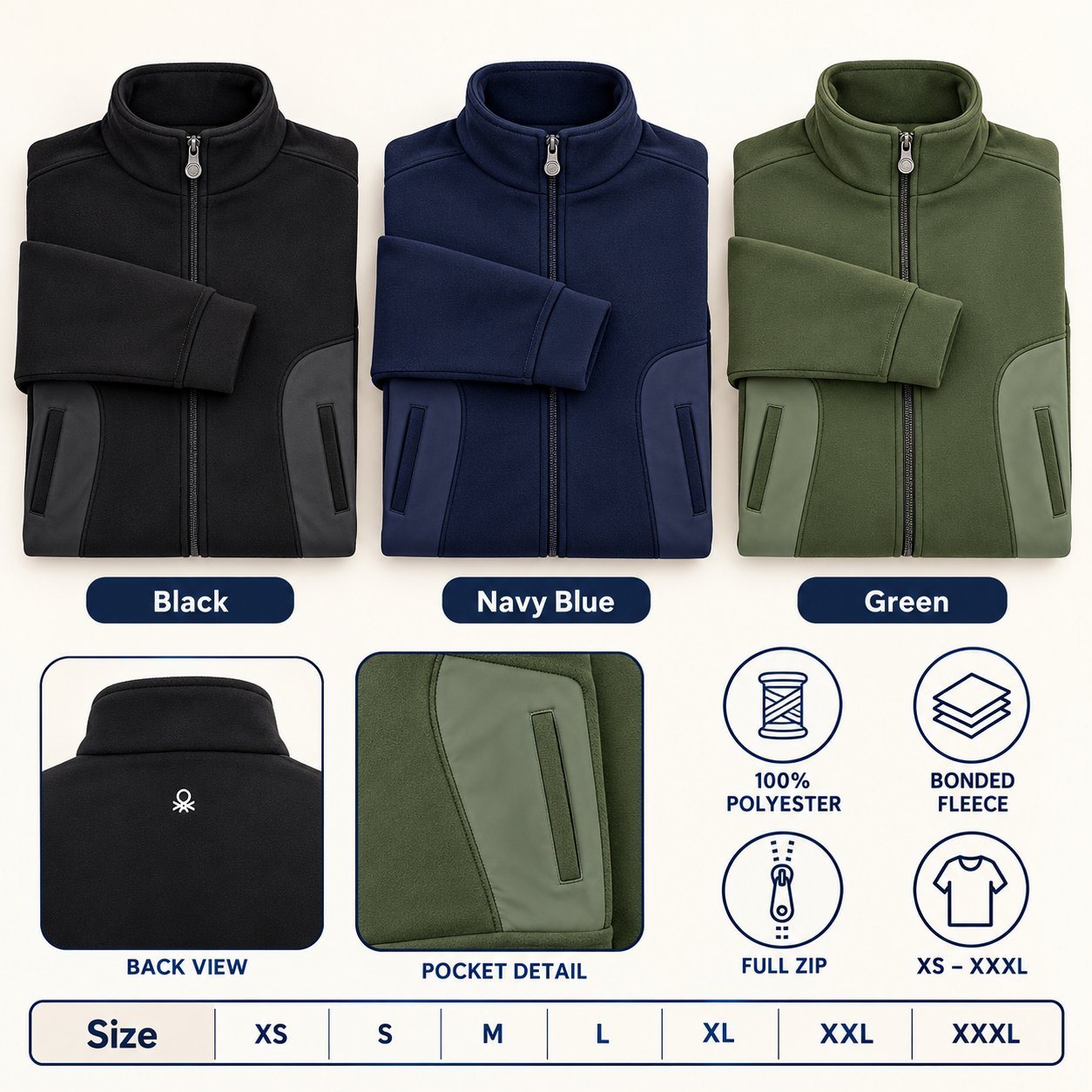 Click to zoom United Colors of Benetton Bonded Fleece Jacket in all 3 colours, 100% polyester bonded fleece, for festive gifting