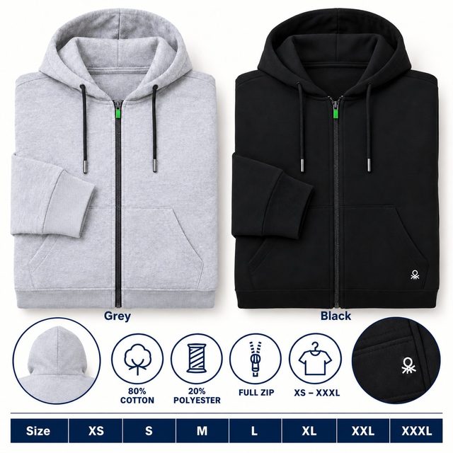 United Colors of Benetton Hoodie Zipper Jacket in all 2 colours, 80% cotton 20% polyester, for employee onboarding kit