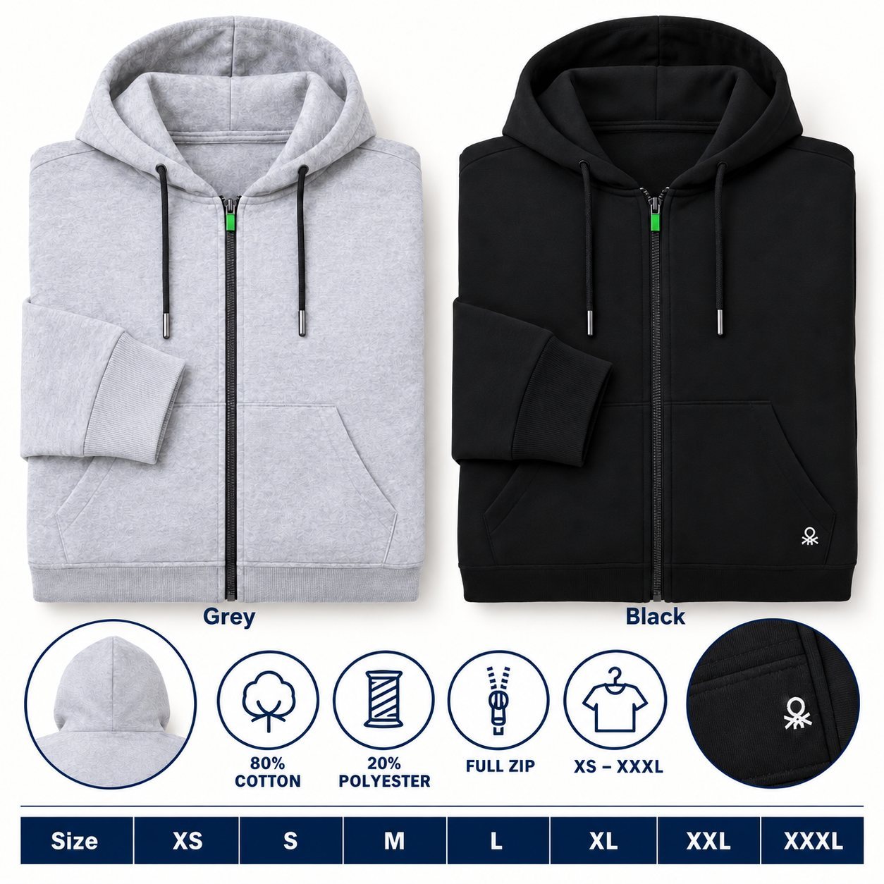 United Colors of Benetton Hoodie Zipper Jacket in all 2 colours, 80% cotton 20% polyester, for employee onboarding kit