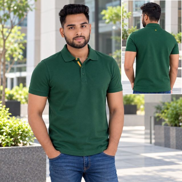Man wearing United Colors of Benetton Polo T-Shirt (cotton-poly) in Bottle Green, team uniform