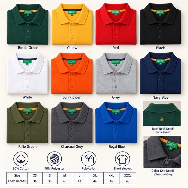 United Colors of Benetton Polo T-Shirt (cotton-poly) in all 11 colours, 60% cotton 40% polyester, for sales team reward