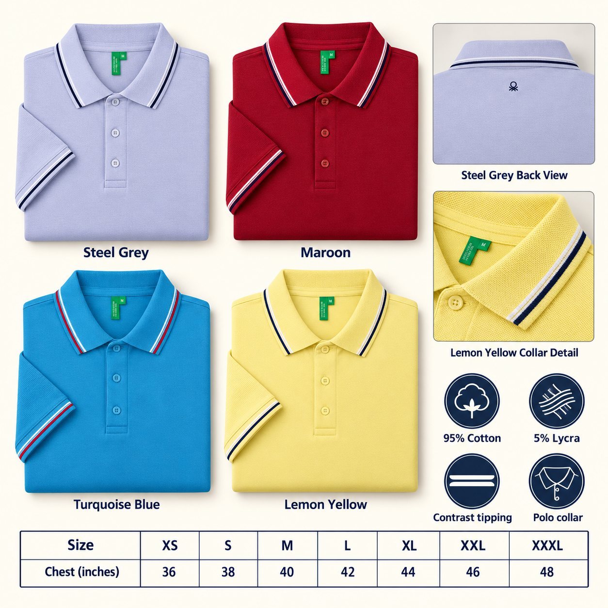 United Colors of Benetton Polo T-Shirt (lycra cotton) in all 4 colours, 95% cotton 5% lycra with tipping, for annual day gift