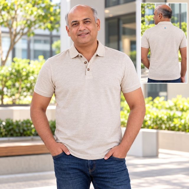 Man wearing United Colors of Benetton Polo T-Shirt (premium cotton) in Oatmeal, employee onboarding kit