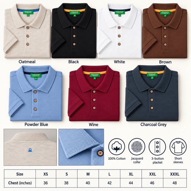 United Colors of Benetton Polo T-Shirt (premium cotton) in all 7 colours, 100% cotton, for bulk order with company logo