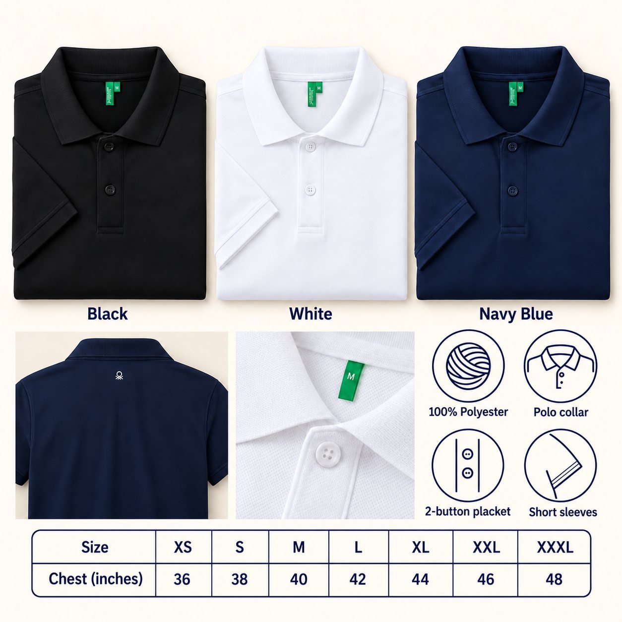 Click to zoom United Colors of Benetton Polo T-Shirt (polyester) in all 3 colours, 100% polyester, for employee onboarding kit