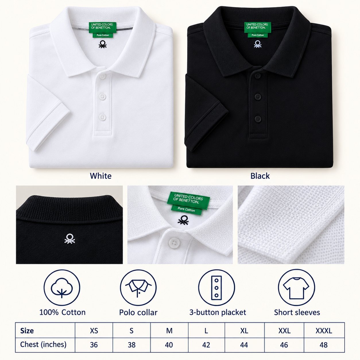 United Colors of Benetton Polo T-Shirt (premium) in all 2 colours, 100% cotton, for festive gifting